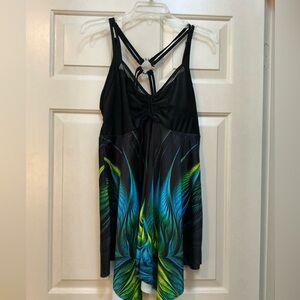 NWOT Modlilly Black Swim Dress with Blue & Green Feather Print
